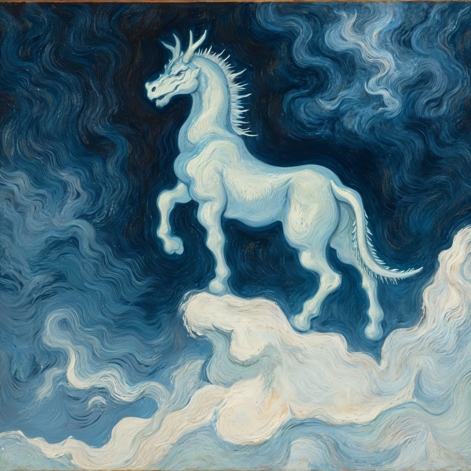 Majestic Unicorn on Swirling Clouds in Blue Shades