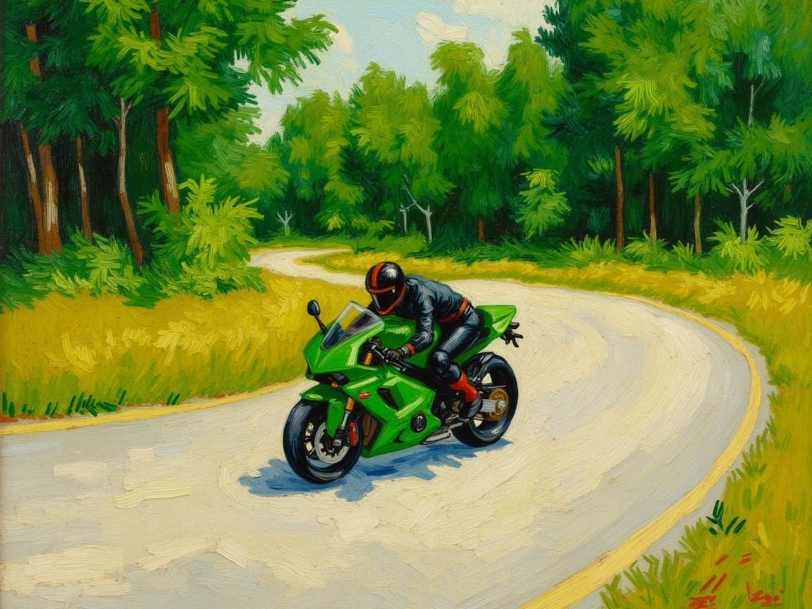 Impressionistic Painting of a Motorcyclist in Nature