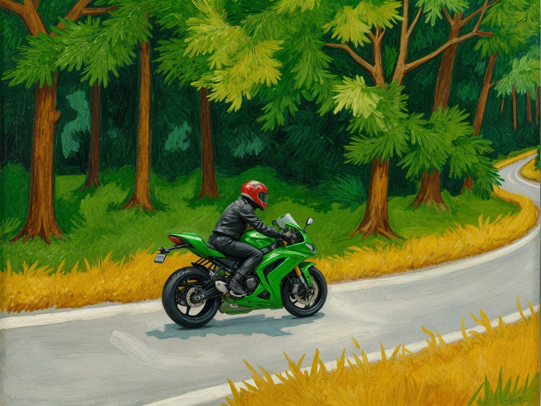 Motorcyclist in Green Outfit Riding Through Forest Road