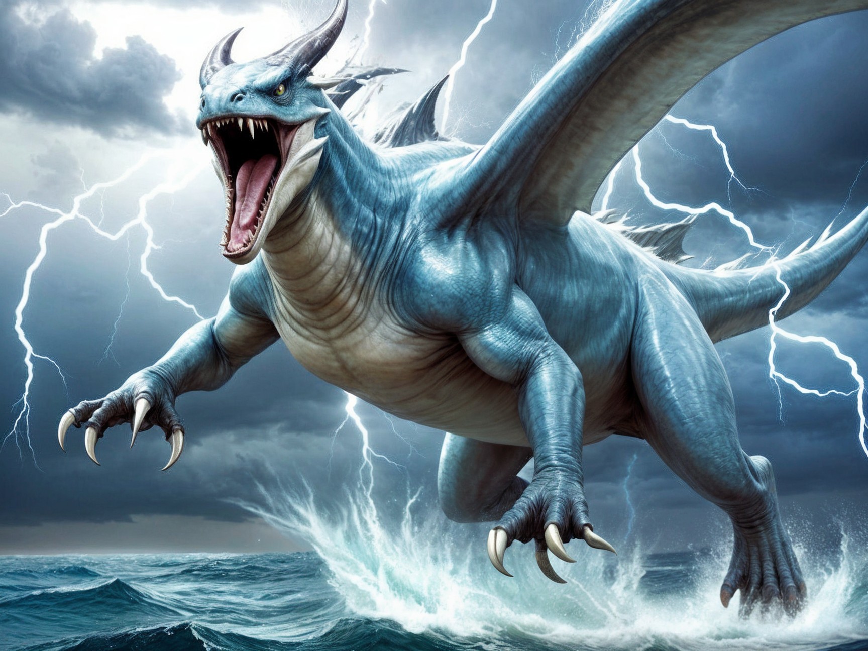 Blue Dragon Flying Through Stormy Sky and Ocean Waves