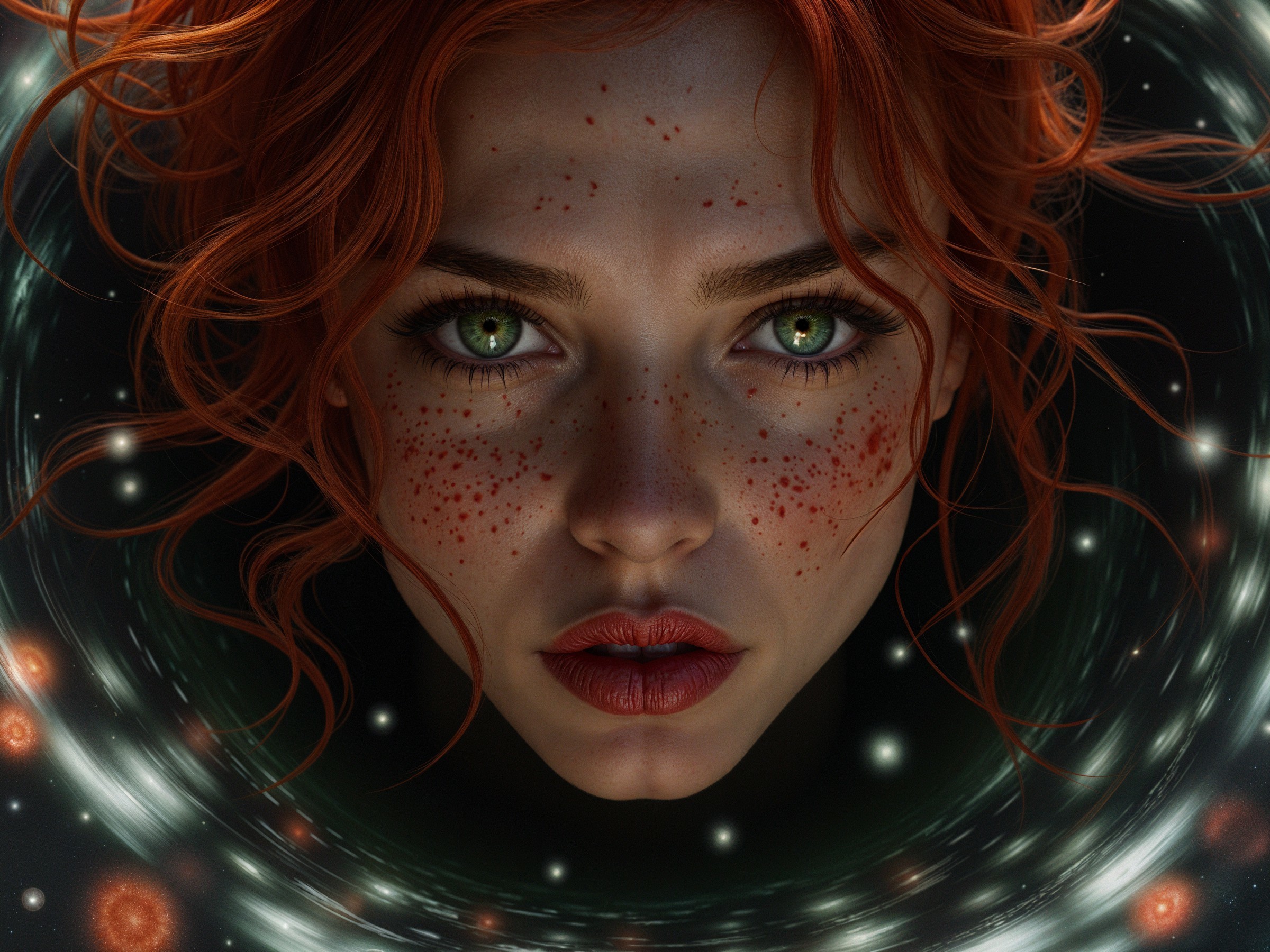 Close-up of a woman with red hair and green eyes