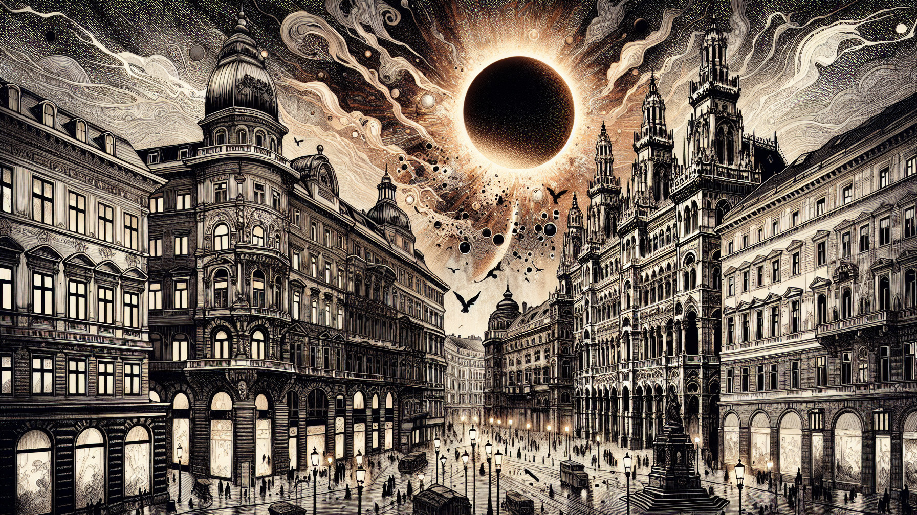 Surreal Cityscape Under Solar Eclipse with Historical Buildings