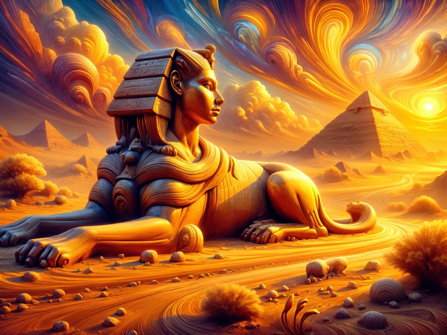 Majestic Sphinx in Vibrant Desert Landscape at Sunset