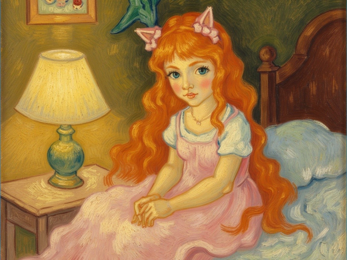 Young girl with red hair in cozy room setting
