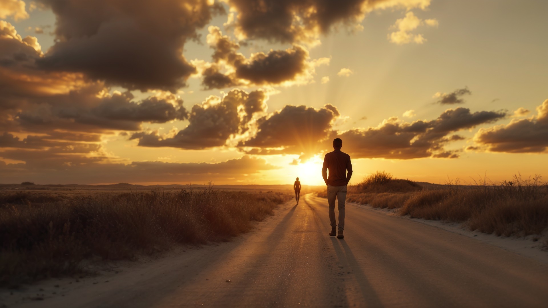 Silhouetted figures walking on a tranquil sunset road