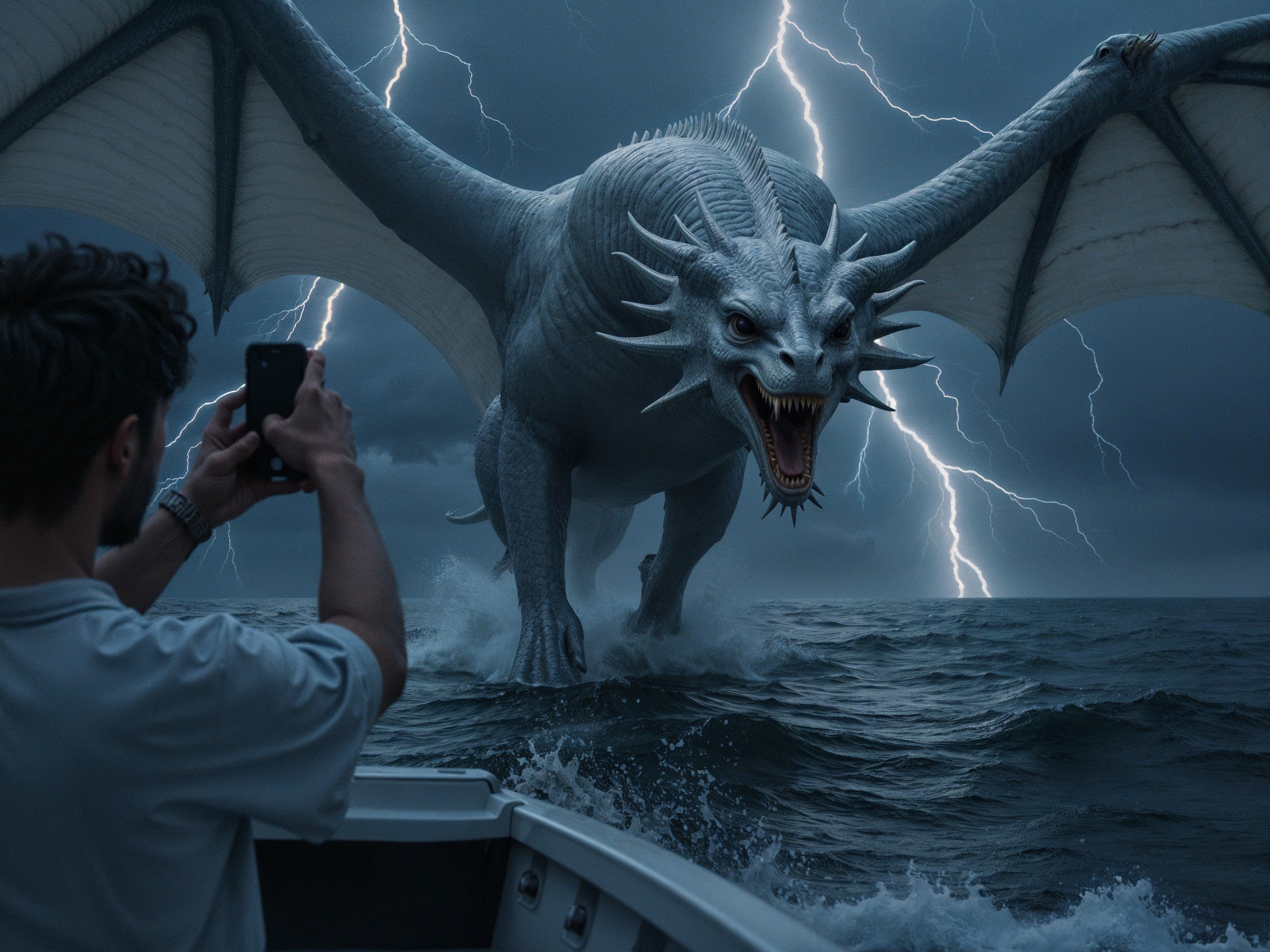 Dragon Emerges from Ocean Amidst Lightning Storm