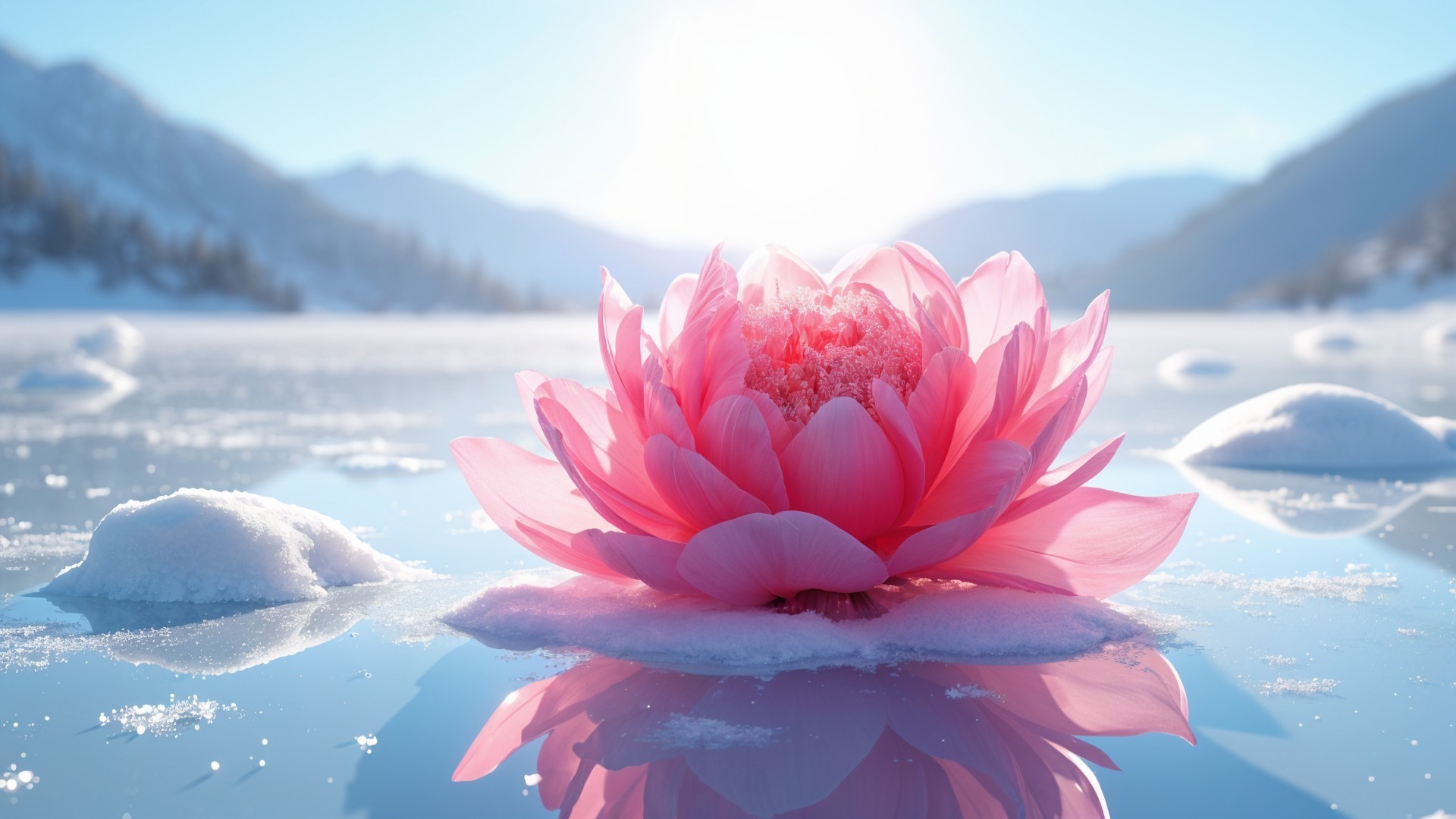 Pink Lotus Flower on a Frozen Lake with Mountains