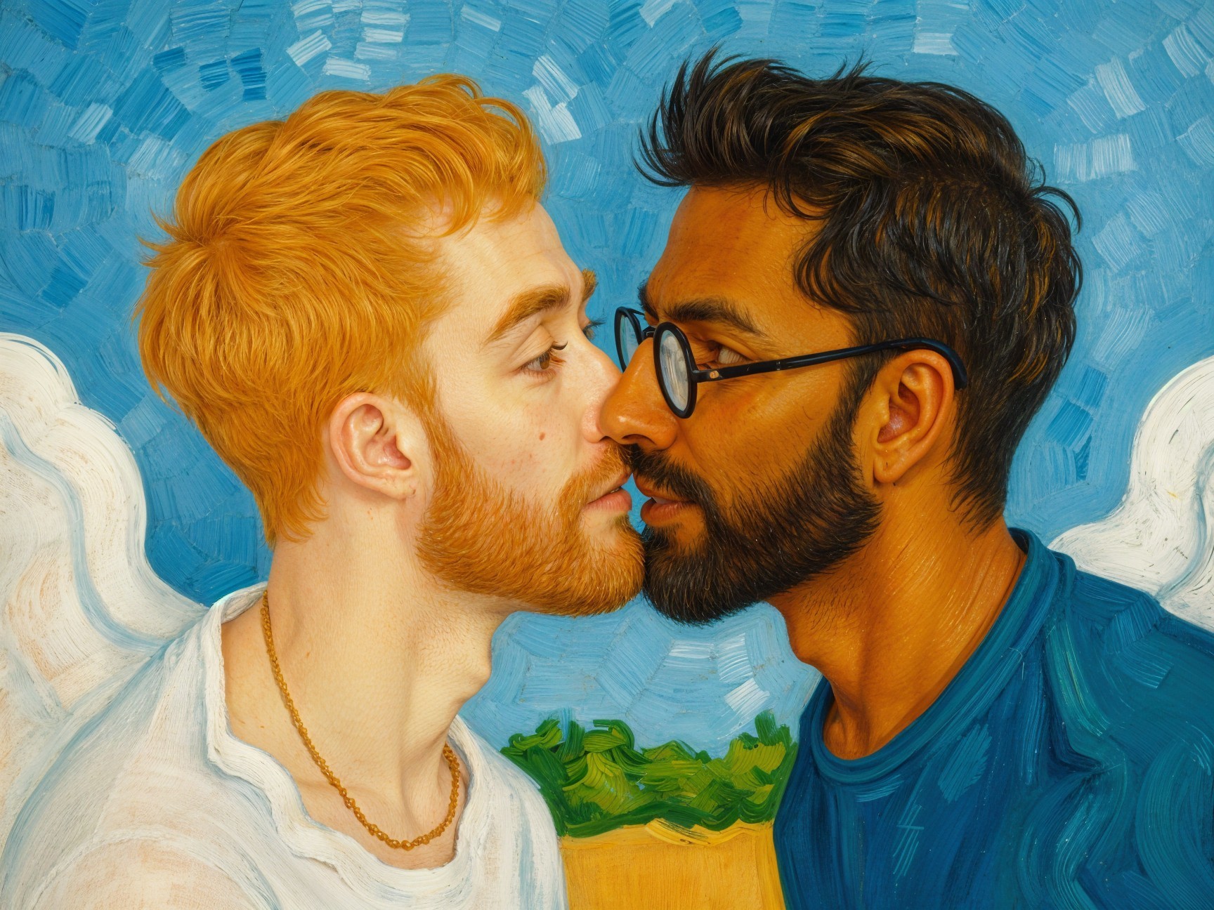 Two Men Kissing Under a Vibrant Sky
