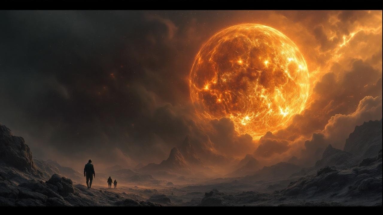 Desolate Landscape Under Fiery Sun with Silhouetted Figures