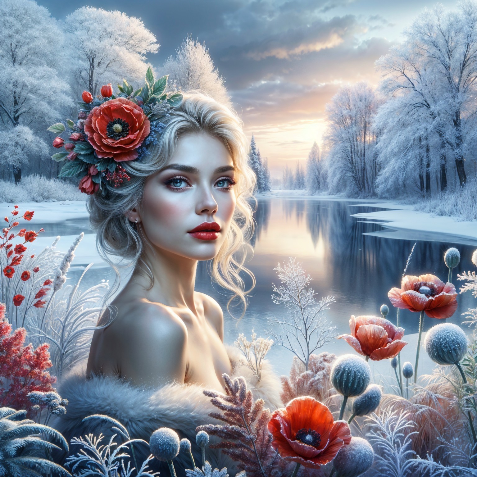 Winter Landscape with a Thoughtful Young Woman