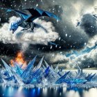 Futuristic flying machine over turbulent ocean scene