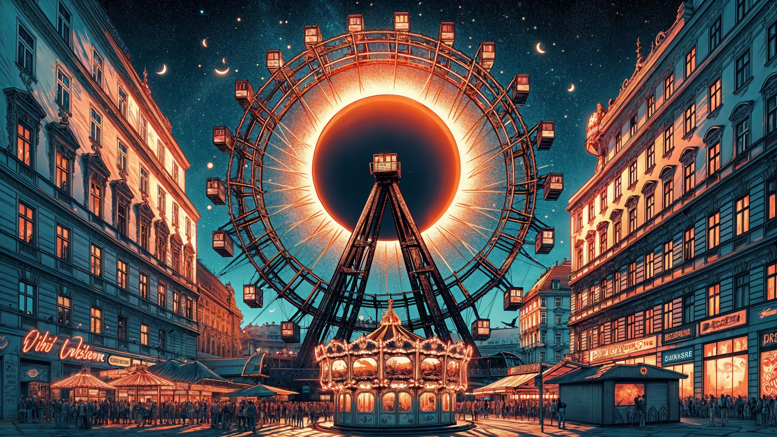 Ferris Wheel and Carousel in Dreamlike Night Scene