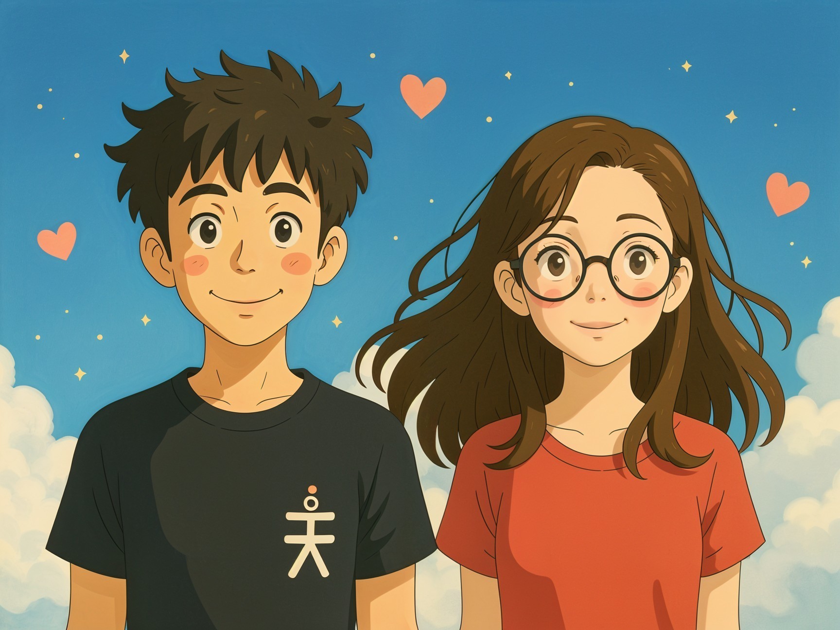 Young Characters Against Blue Sky with Hearts and Clouds