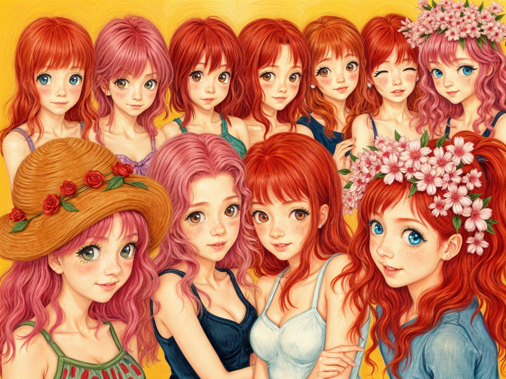 Vibrant Illustration of Young Women with Colorful Hair