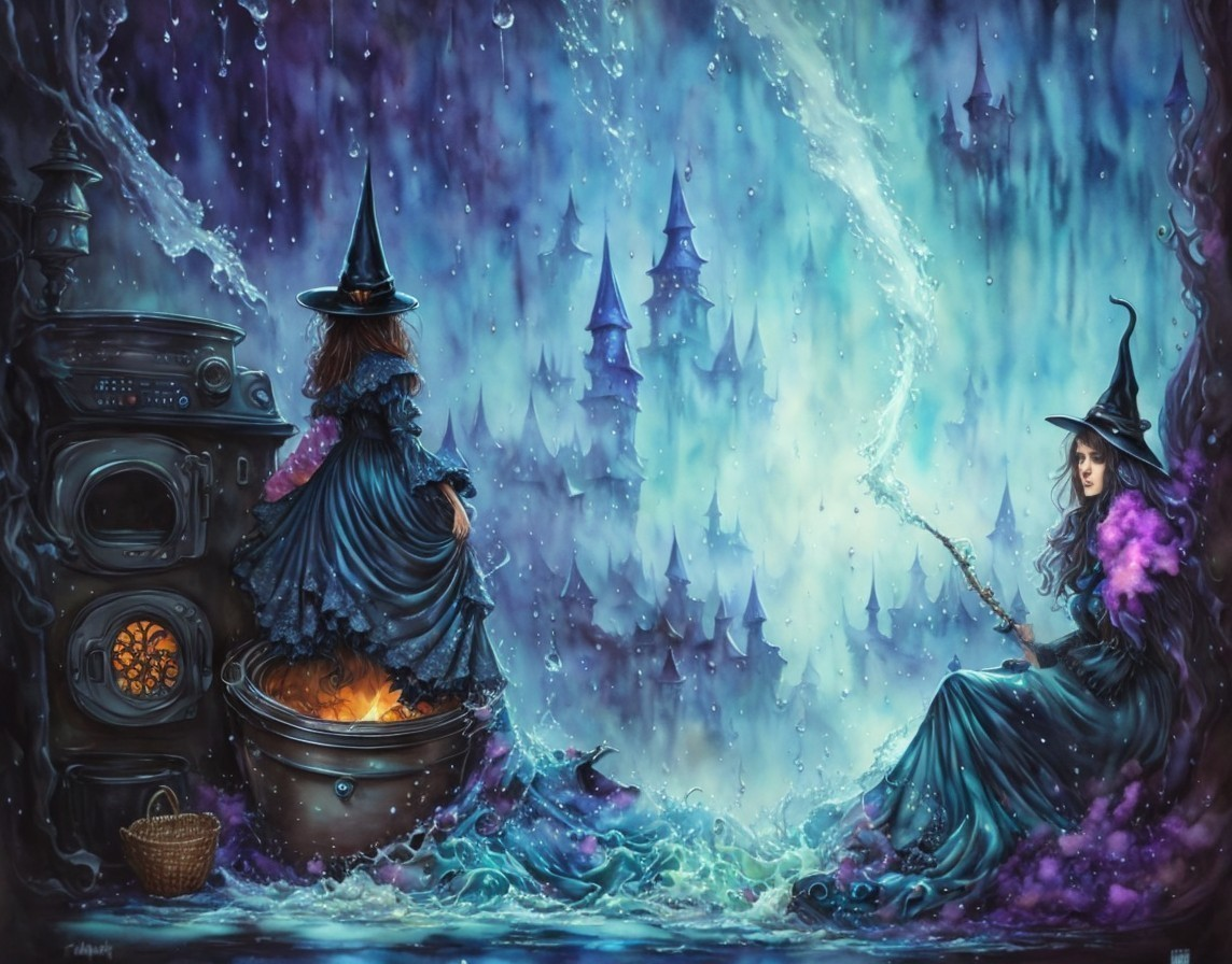 Witches Casting Spells in a Mystical Forest Setting