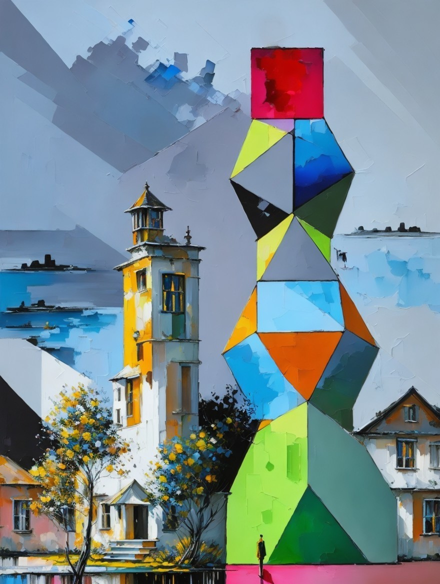 Abstract painting with geometrical shapes and landscape elements