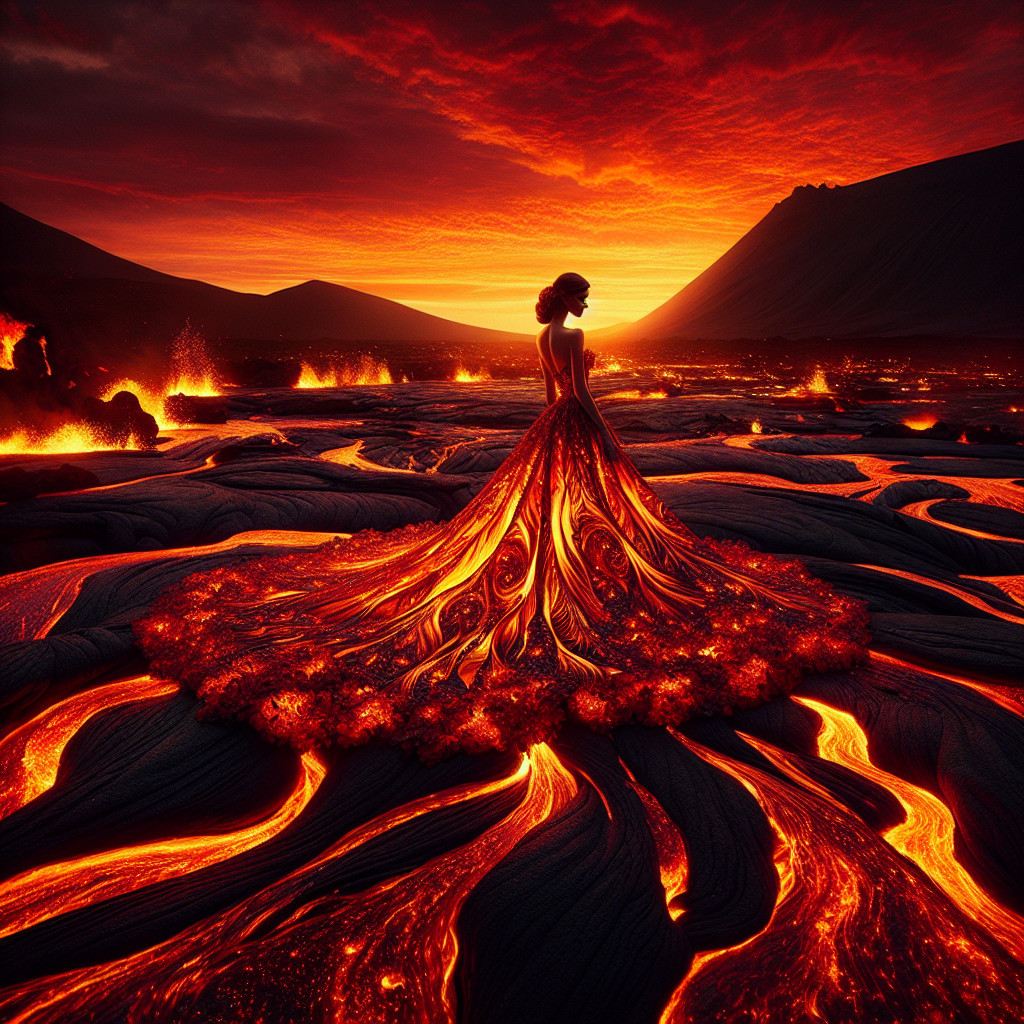 Woman in gown resembling lava in volcanic sunset scene