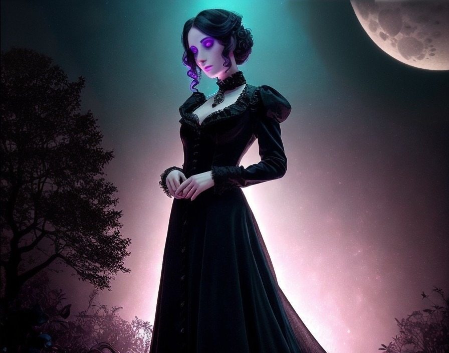 Victorian woman in gown under moonlit sky with purple hue and trees.