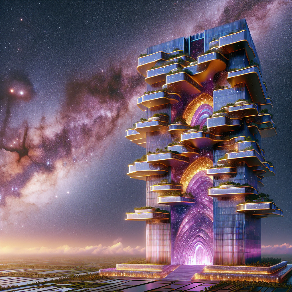 Futuristic Architecture with Illuminated Terraces and Sky