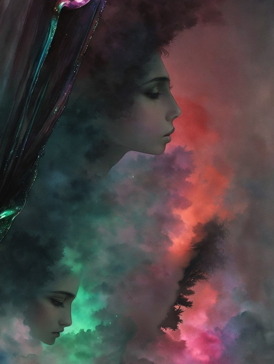 Silhouettes of two people against vibrant cosmic background