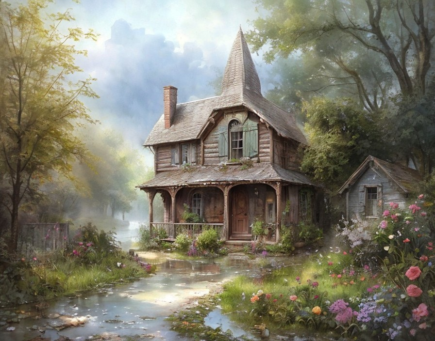 Victorian Cottage in Foggy Woodland Clearing