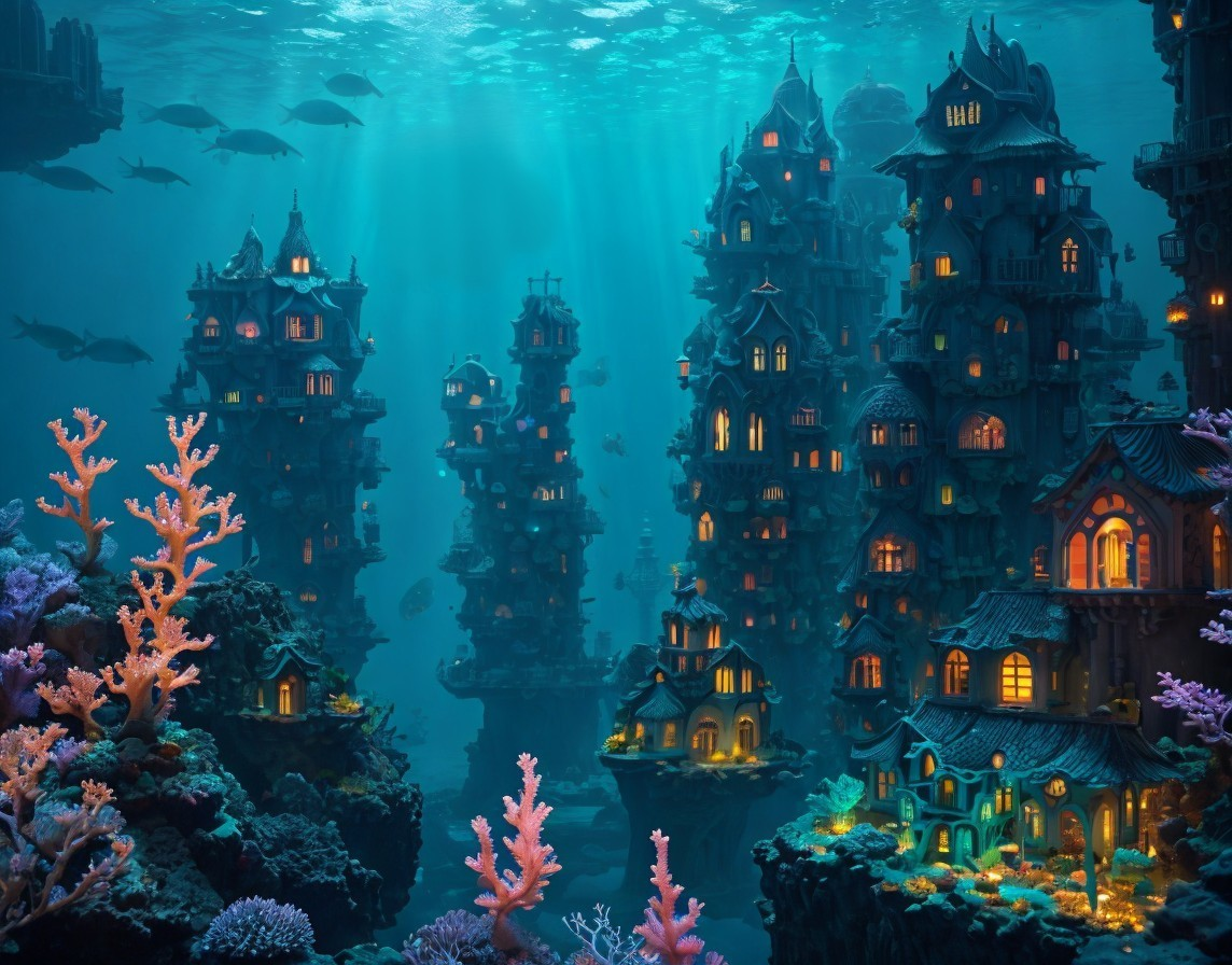 Underwater City with Towers and Vibrant Coral Reefs
