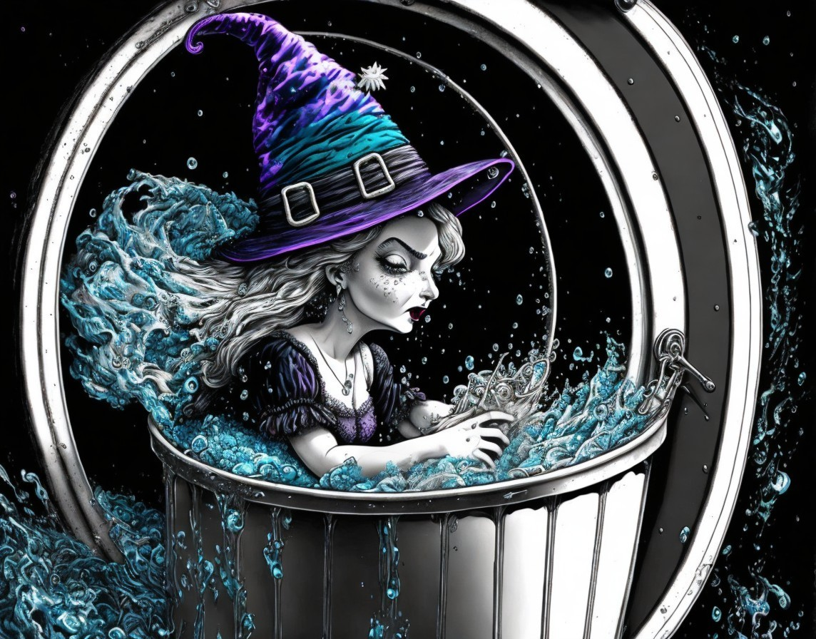 Witch in Barrel Surrounded by Swirling Blue Water