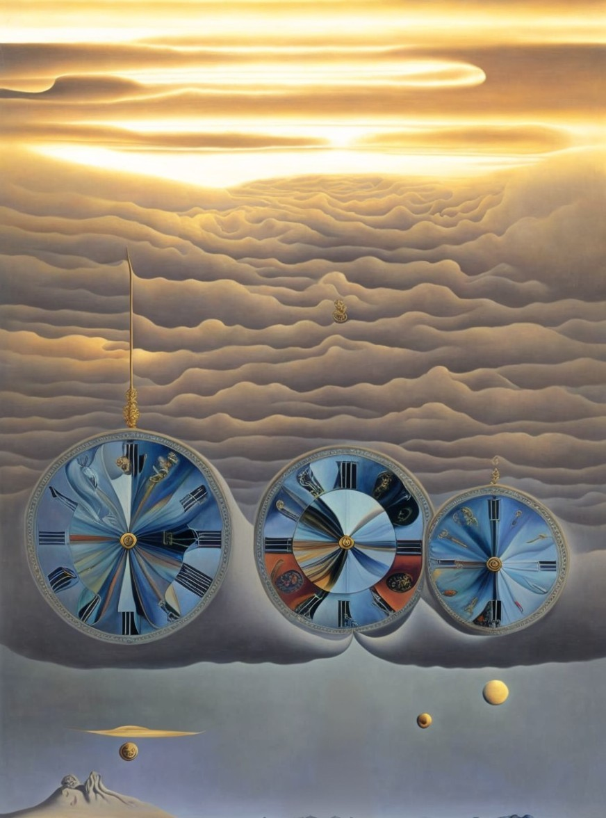 Surreal artwork: melting clocks in desert landscape