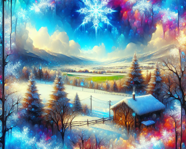 Serene Winter Landscape with Cozy Cottage and Snow