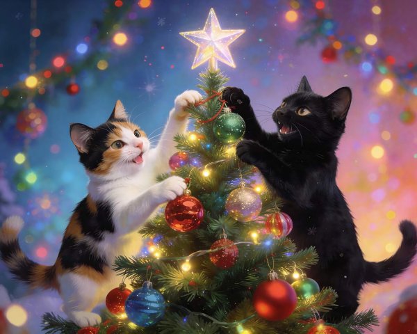 Kittens Decorating a Christmas Tree with Ornaments
