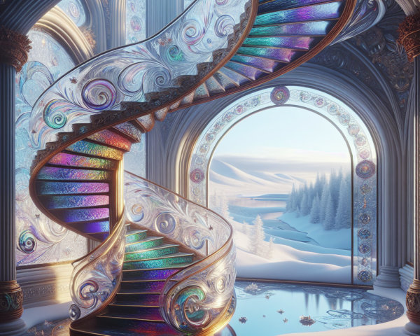 Ornate Spiral Staircase in Grand Hall with Winter View