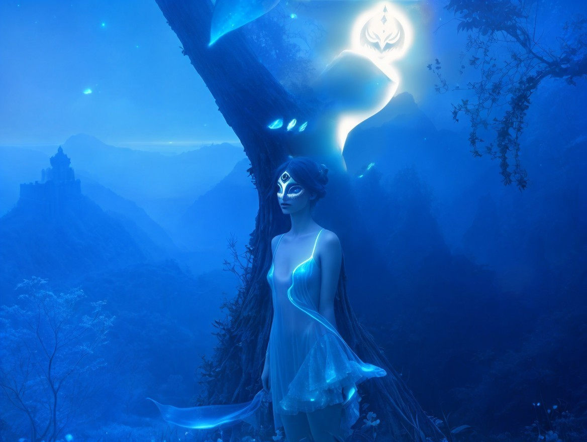 Mystical Female Figure in Blue-Hued Forest Setting
