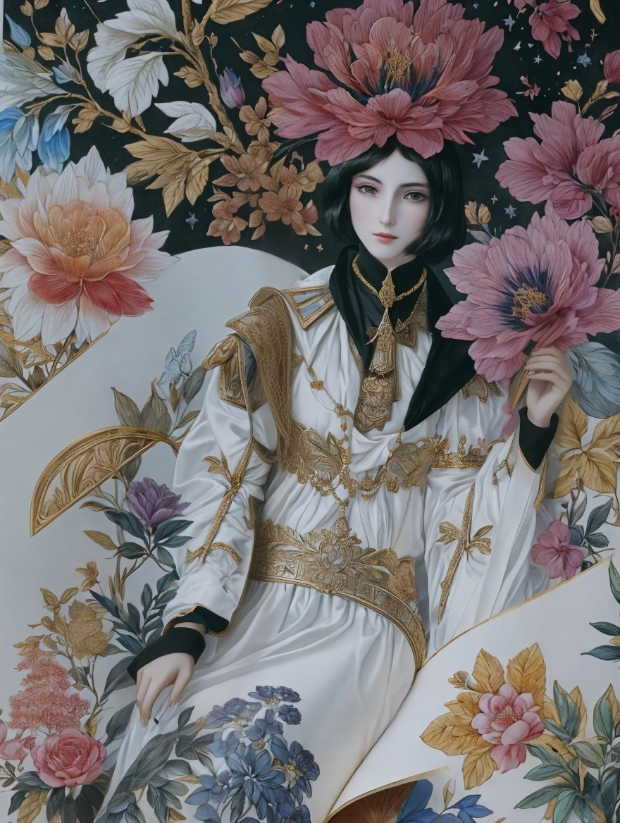 Illustrated Female Figure in Traditional Attire with Flowers