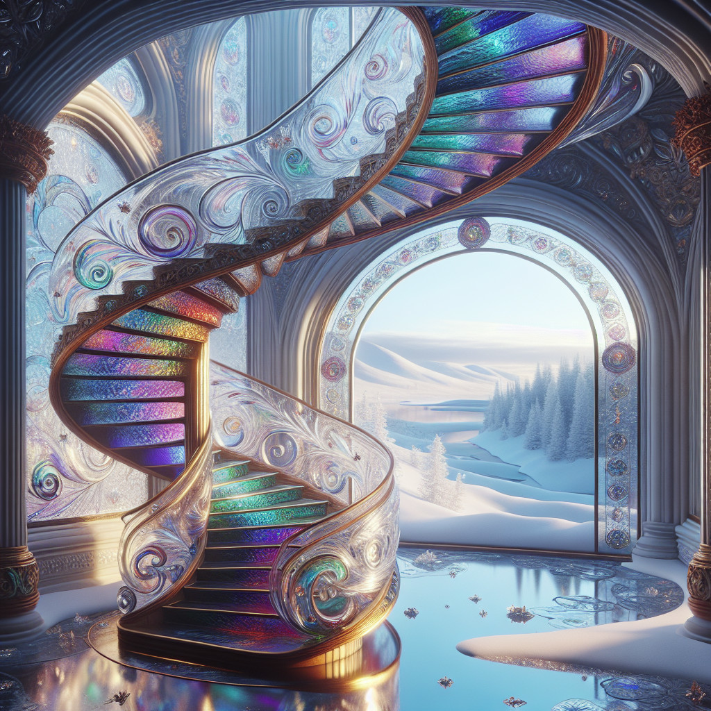 Ornate Spiral Staircase in Grand Hall with Winter View