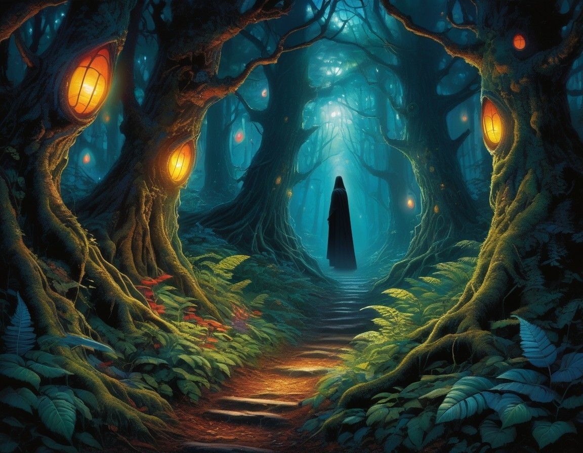 Cloaked Figure in Enchanted Twilight Forest