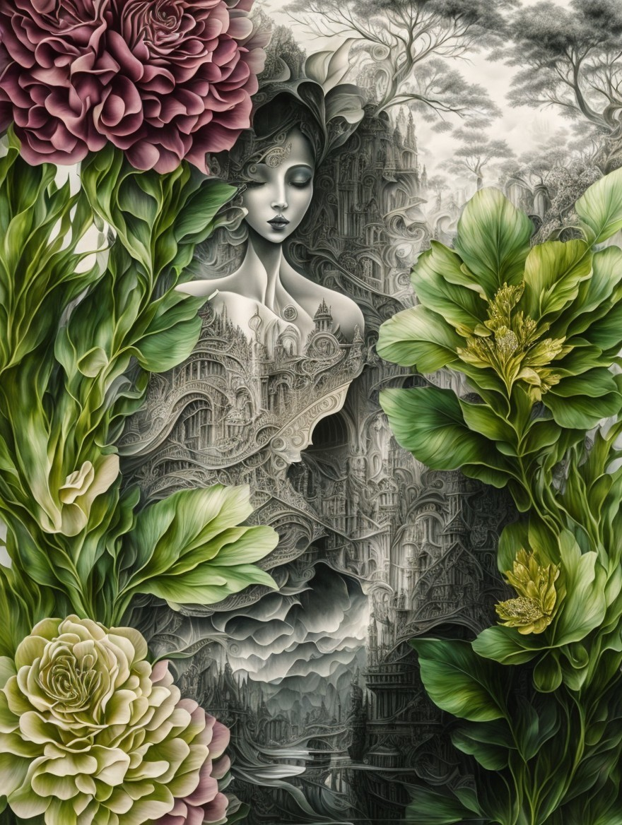 Surreal monochrome portrait with cityscape and floral elements