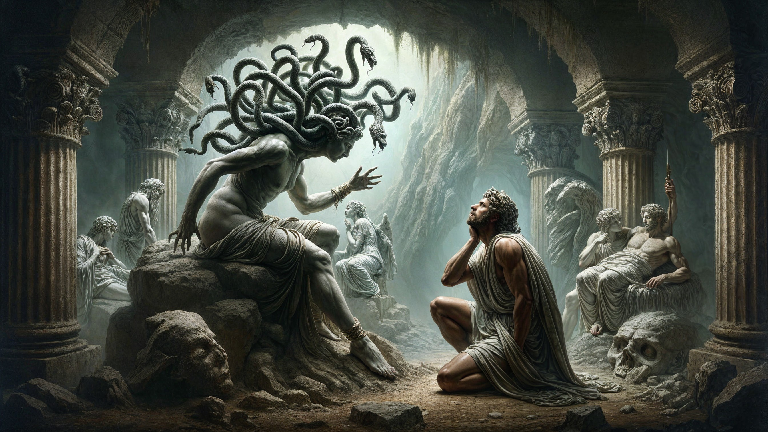 Medusa Confronts a Hero in an Ancient Cavern Scene