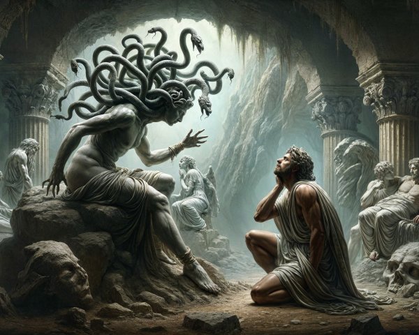 Medusa Confronts a Hero in an Ancient Cavern Scene