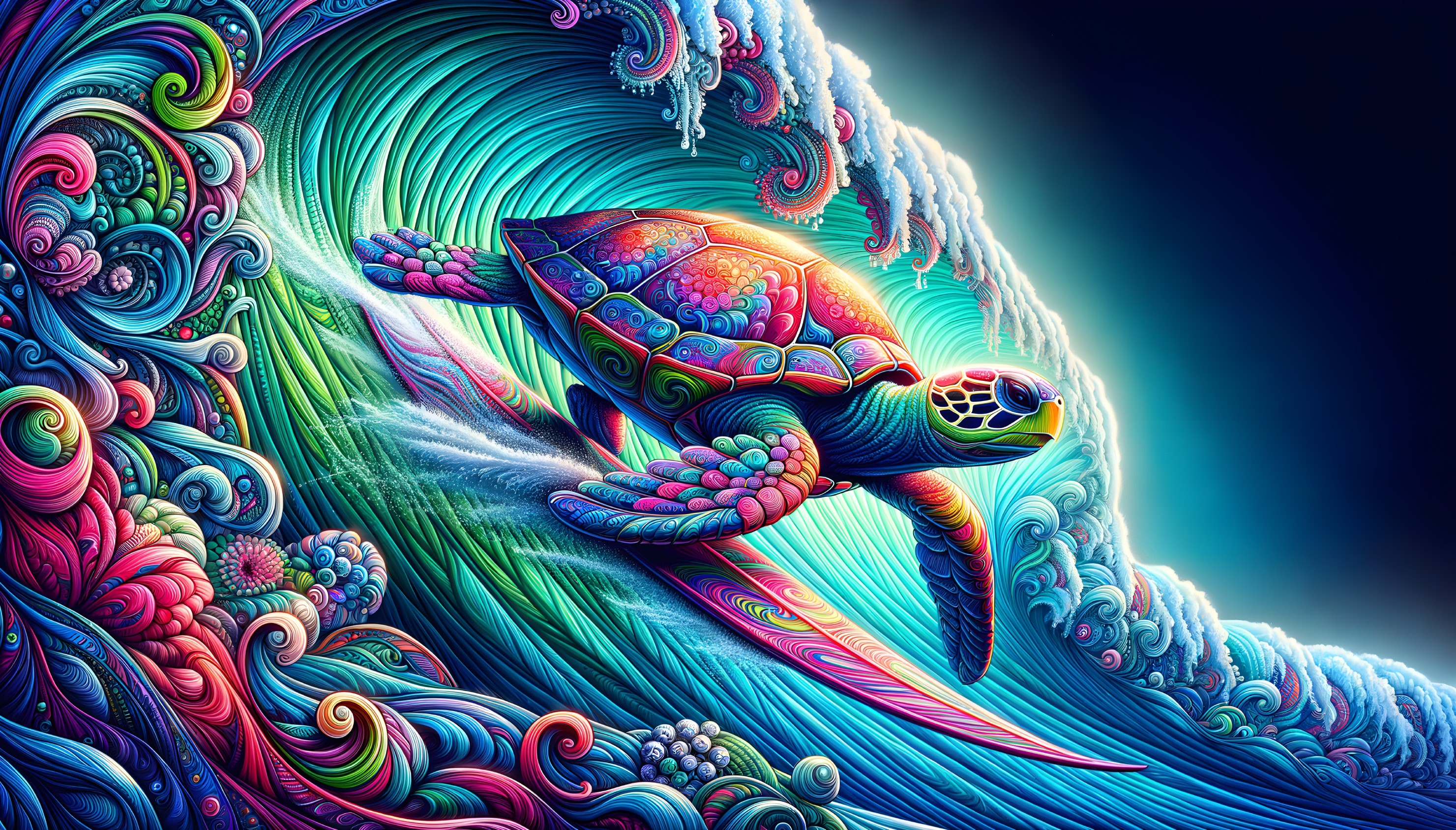 Colorful Sea Turtle Swimming in Wave-Like Ocean