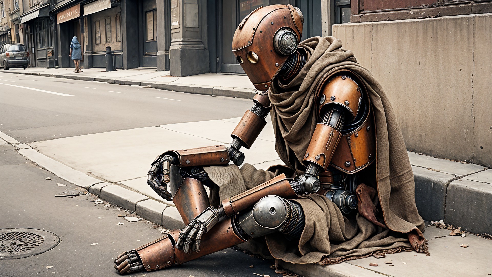 Weathered Humanoid Robot on City Sidewalk