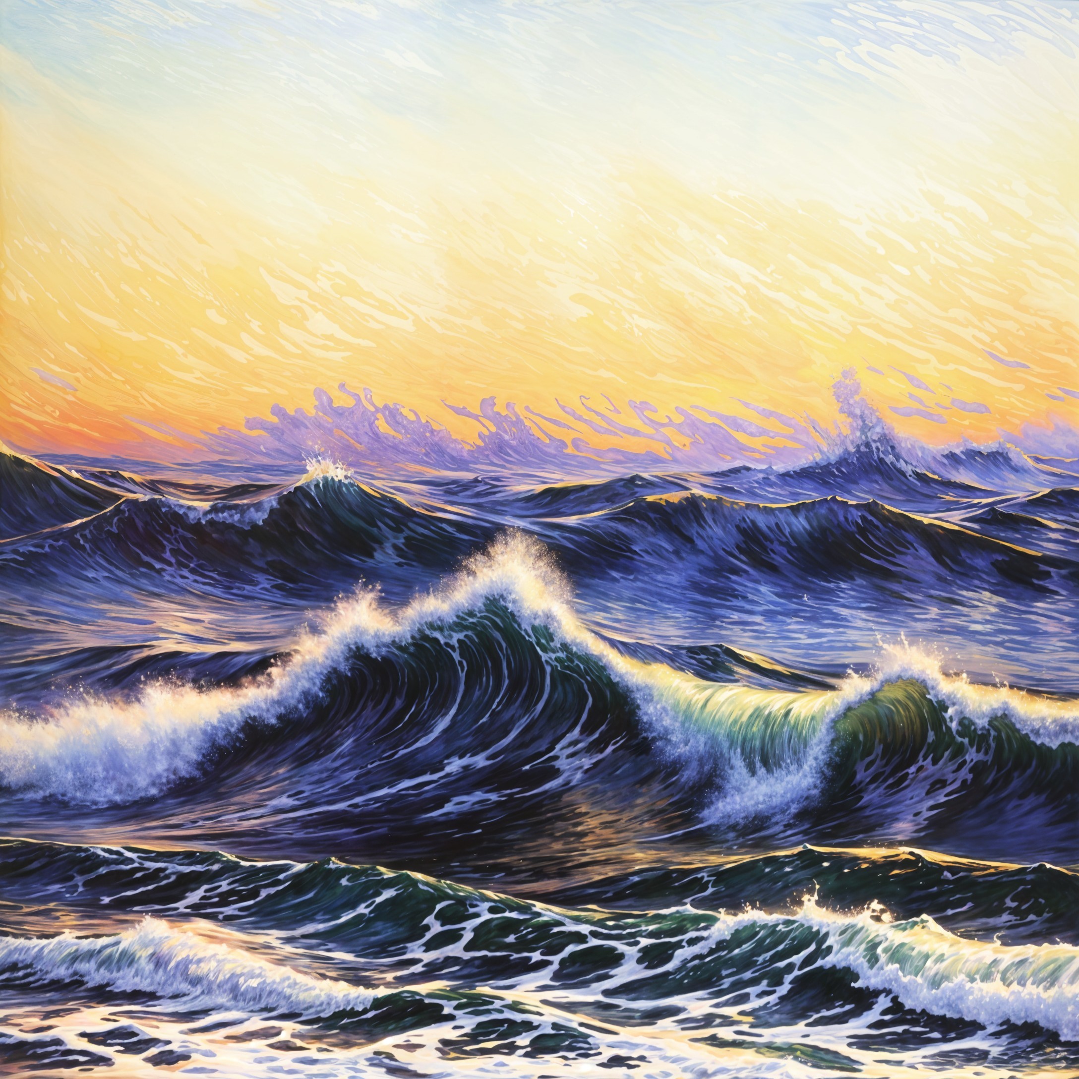 Vibrant Seascape with Ocean Waves and Sunset Sky