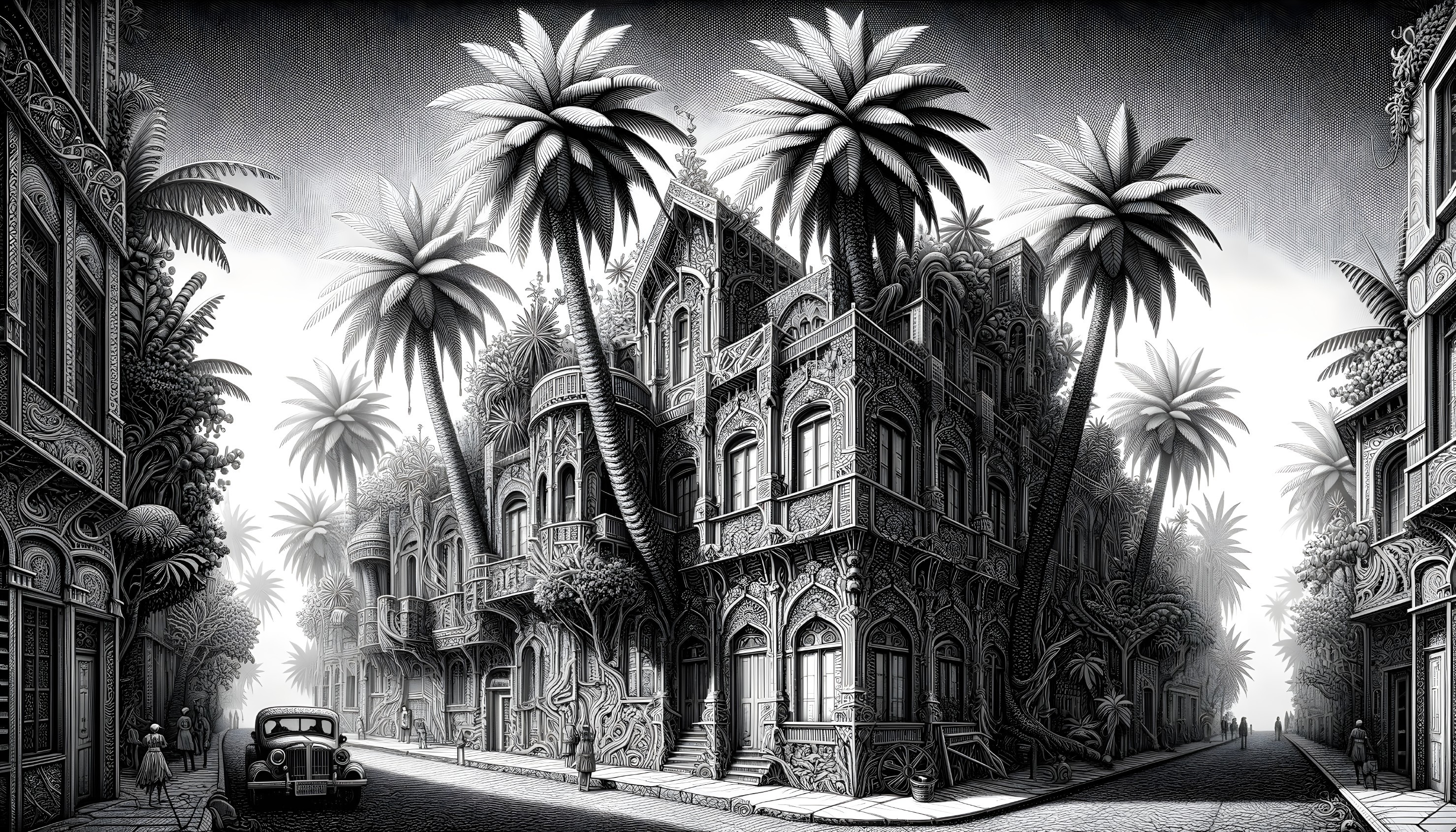 Black and white street scene with vintage car and palms