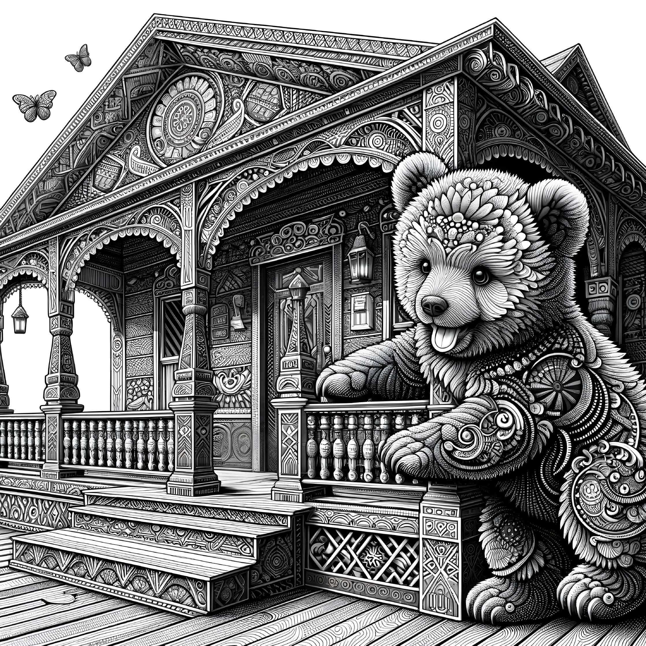 Charming Bear Interacts with Ornate Wooden House