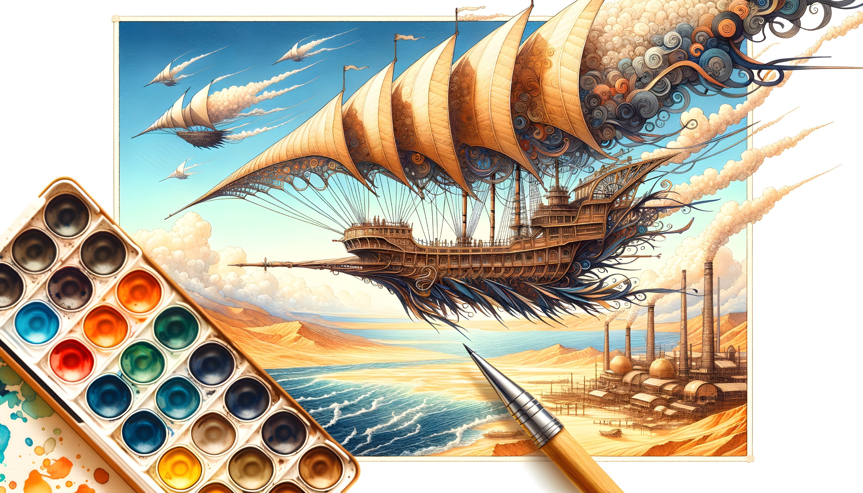 Fantastical ship illustration with watercolor palette and brushes