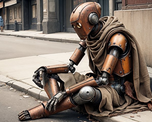 Weathered Humanoid Robot on City Sidewalk