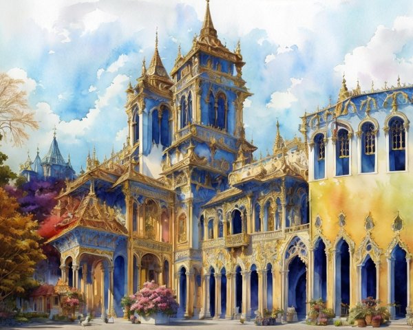 Watercolor Painting of an Ornate Palace Landscape