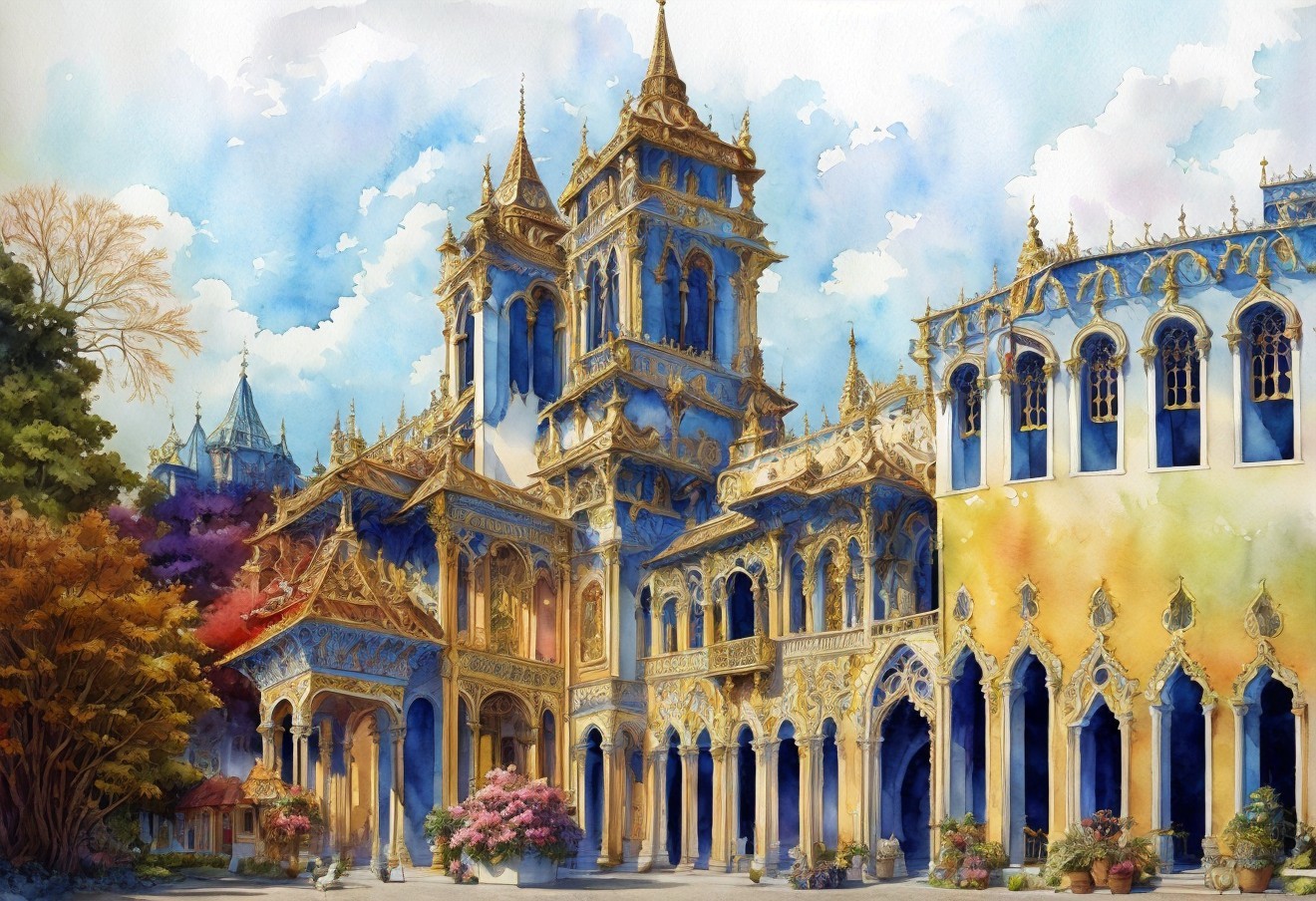 Watercolor Painting of an Ornate Palace Landscape