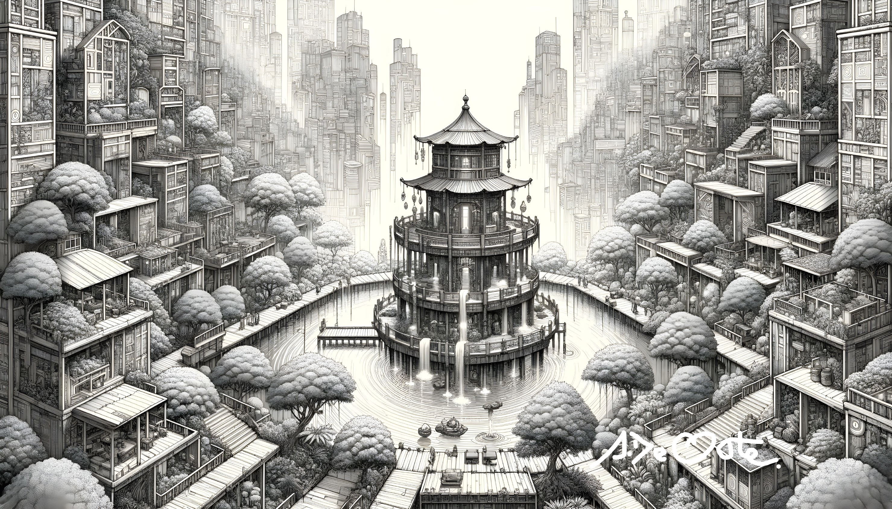 Monochromatic Landscape with Pagoda and Skyscrapers