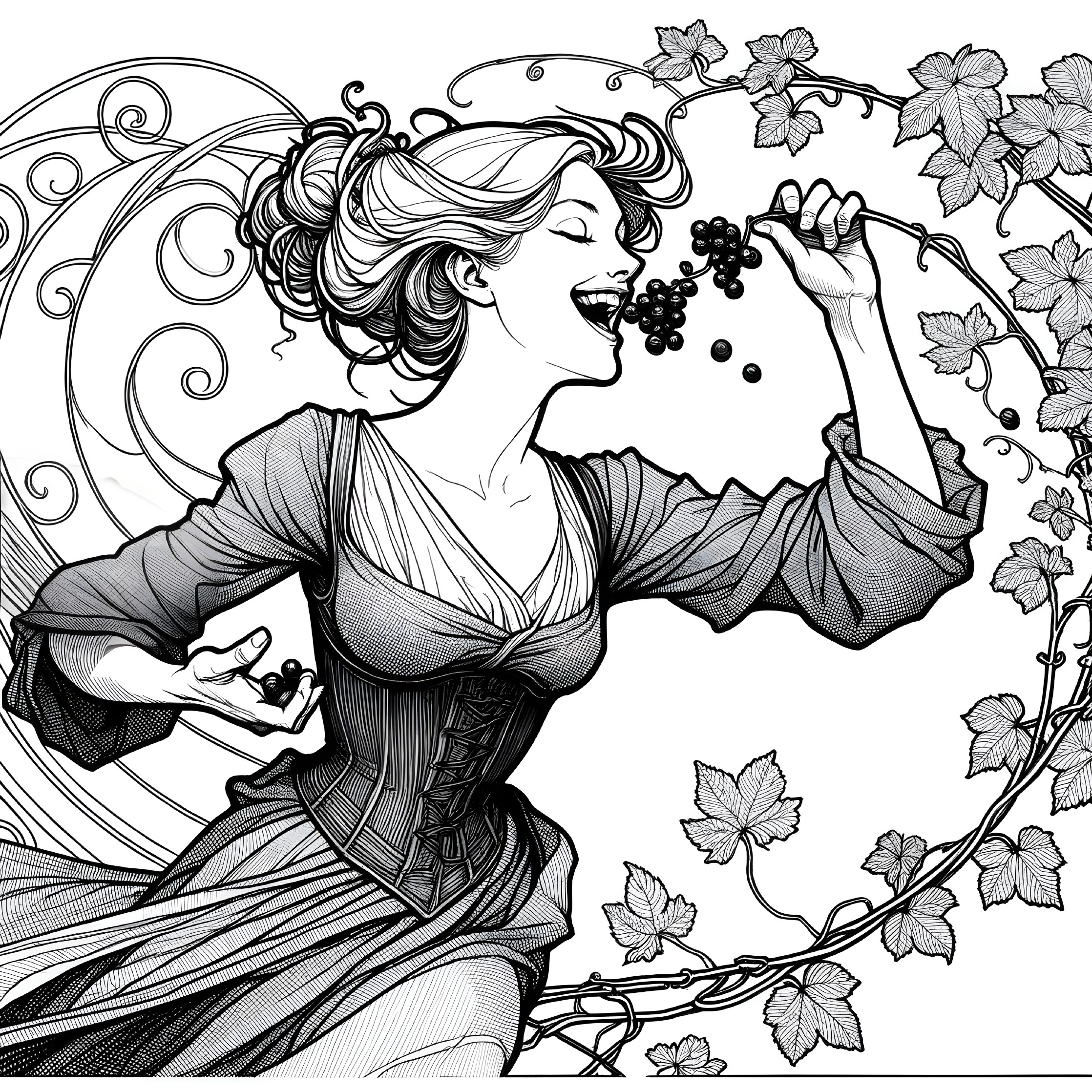 Detailed vintage woman picking berries in floral setting