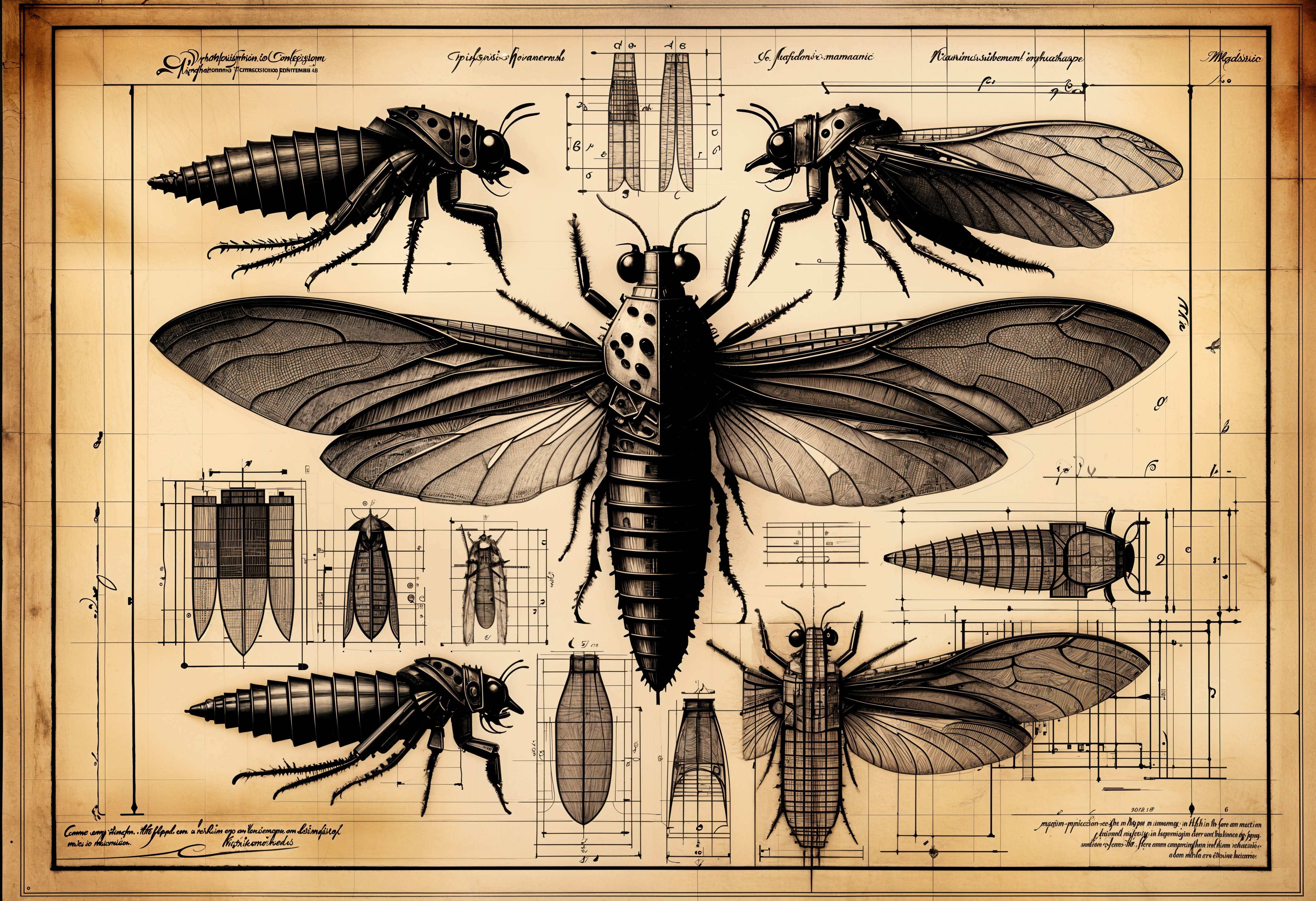 Blueprint Illustration of Cicada Anatomy and Features